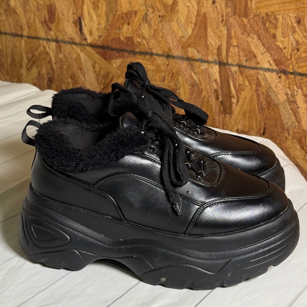 KOI Black Chunky Platform Sneakers Goth Punk Streetwear Y2K Faux Fur Trim US 7